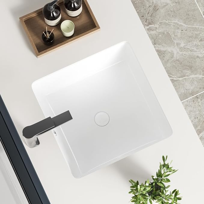 16 Inch Small Square White Undermount Bathroom Sink 16.15" x 16.15" Vanity Under Counter Basin Porcelain Rectangle Vessel Sink for Tiny Place Opening Size 14.17" x 14.17" Lavamanos Para Baños KINGWONG