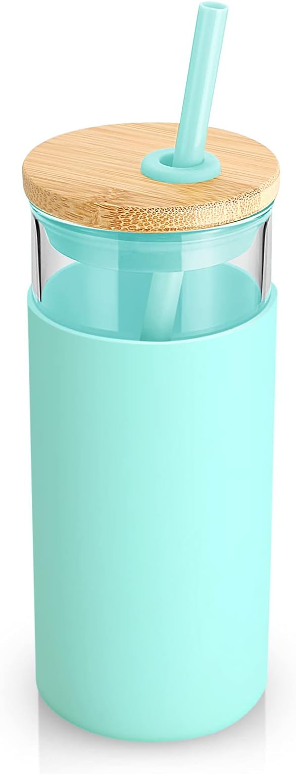Tronco 20 oz Glass Tumbler with Lid and Straw, Iced Coffee Cup and Smoothie Cup with Bamboo Lids & Protective Silicone Sleeve, Dishwasher Safe, BPA-Free, Glass Cup 1 Pack
