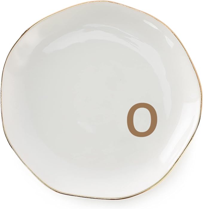 Initials Ring Dish Jewery Tray with Personalized O-Monogrammed Gifts Wedding Engagement for Women Friends Sister,Ceramic White