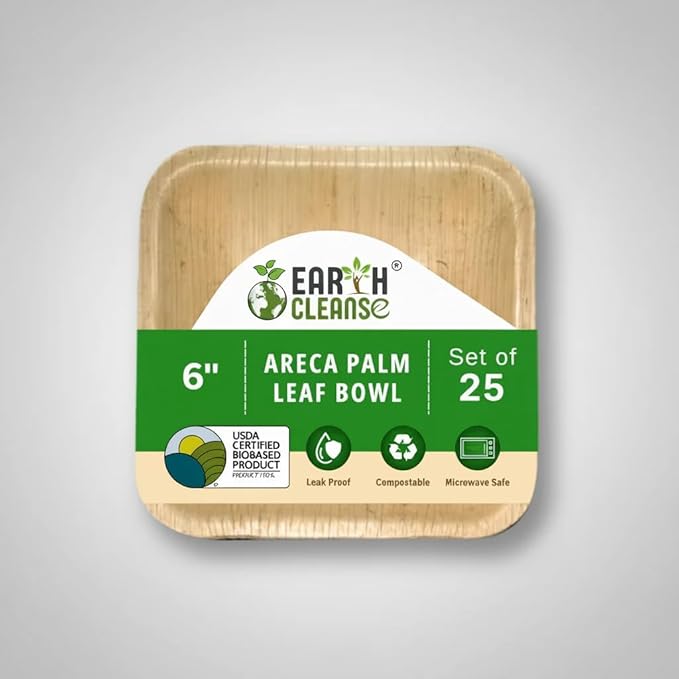 6 Inch Square Compostable Biryani Palm Leaf Extra Deep Bowls | Pack of 25 | Eco Friendly Disposable Areca Leaf Bowls | Biodegradable Heavy Duty for Rice Curry Parties Catering Events