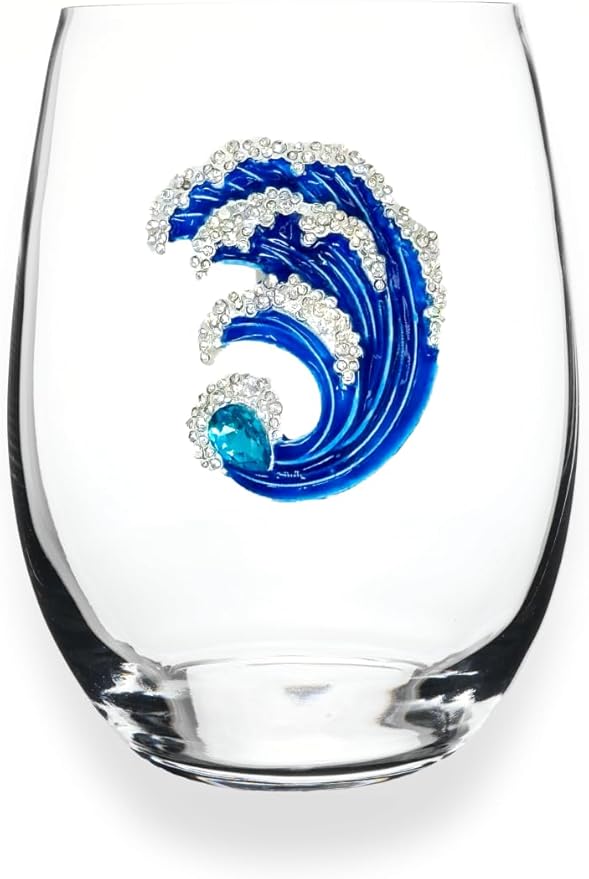THE QUEENS' JEWELS Wave Jeweled Stemless Wine Glass, 21 oz. - Unique Gift for Women, Birthday, Cute, Fun, Not Painted, Decorated, Bling, Bedazzled, Rhinestone