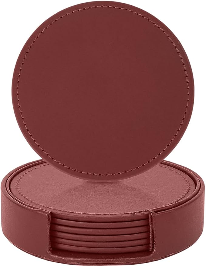 6PCS PU Leather Drink Coasters Red Round Table Coasters - Image 7