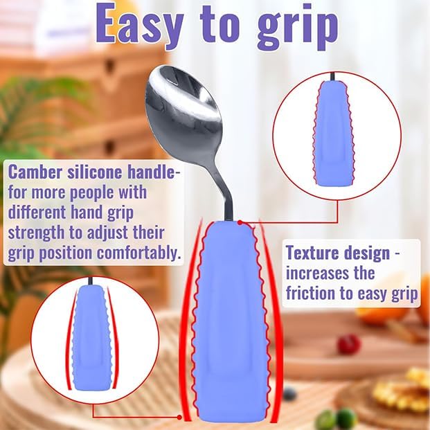 Adaptive Utensils Angled Spoon and Fork for Hand Tremors Parkinsons,Weighted Utensils with Non-Slip Easy Grip Handles for Independent Eating (1pcs Spoon+1pcs Fork=2 pcs,Purple,Right Hand)