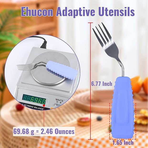 Adaptive Utensils Angled Spoon and Fork for Hand Tremors Parkinsons,Weighted Utensils with Non-Slip Easy Grip Handles for Independent Eating (1pcs Spoon+1pcs Fork=2 pcs,Purple,Right Hand)