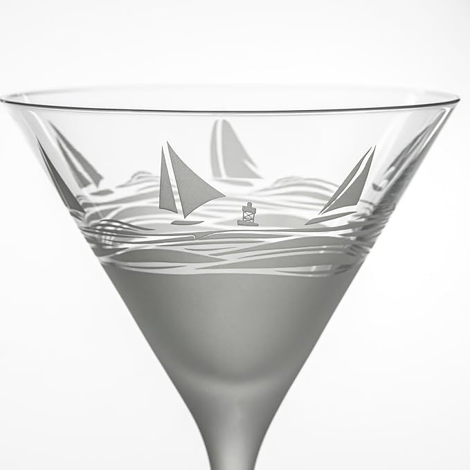Rolf Glass Regatta 10oz Martini Cocktail Glass | Set of 2 Lead-Free Glasses | Proudly Made in the USA | Engraved Martini Glasses | Nautical Sailboat Design