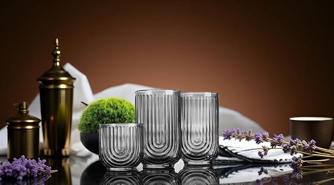 16 Piece Smoke Glassware Set, Beautiful Art Deco Black Drinking Glasses - Image 4