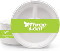 three leaf 9" 3 COMPARTMENT BAGASSE ROUND PLATE, 500 Ct. Heavy-Duty- Super Strong- Natural- Eco-Friendly Disposable Bagasse Plates, 100% Biodegradable 9 inch 3 compartment plates