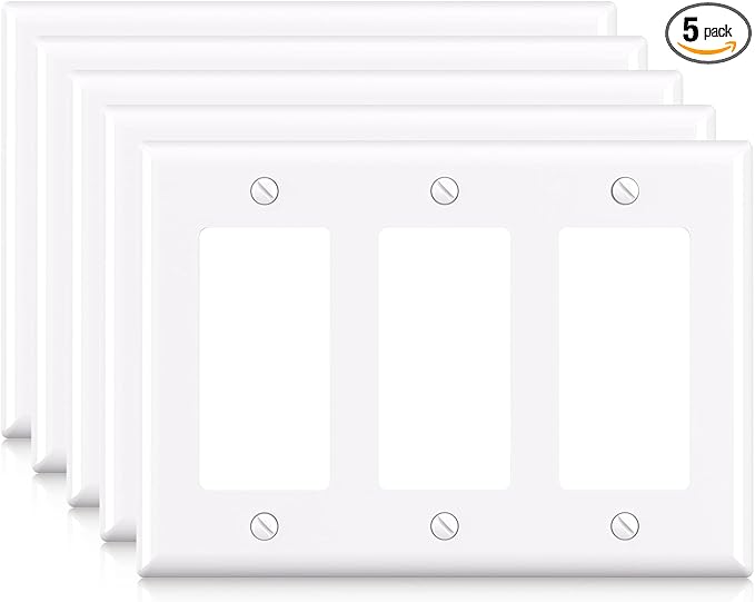 ELEGRP 3-Gang Decorative Wall Plates, Standard Size 4.53" H x 6.39" L Unbreakable Thermoplastic Faceplate Cover for Decorator Receptacle Outlet Switch, UL Listed (5 Pack, Glossy White)