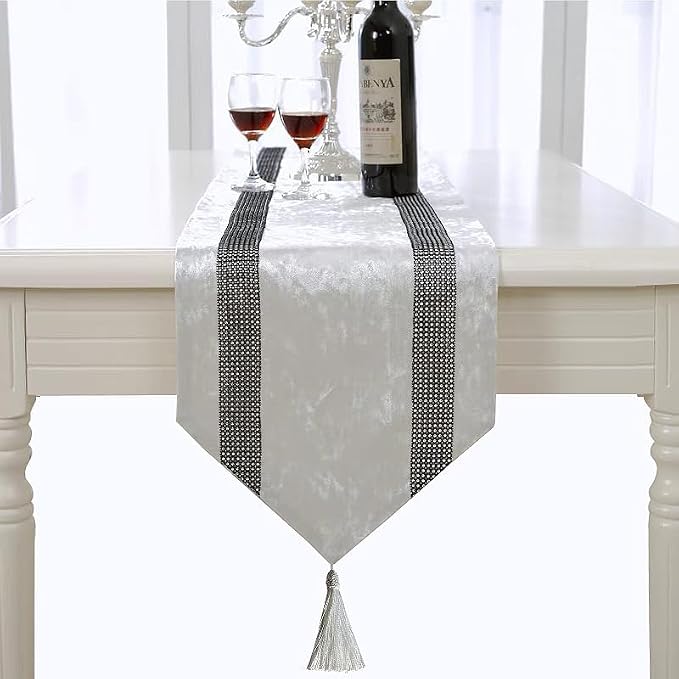 Elegant Sequin Rhinestone Creamy White Table Runner, Ombre Velvet, Double-Layer - Image 5