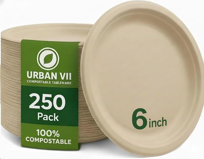 6-inch Compostable Plates [250-Pack] – Beige Disposable Bagasse Paper, Heavy Duty, Microwave Safe, Grease Resistant, Eco Friendly (PFAS-Free) – Great for Parties, Picnics & Desserts