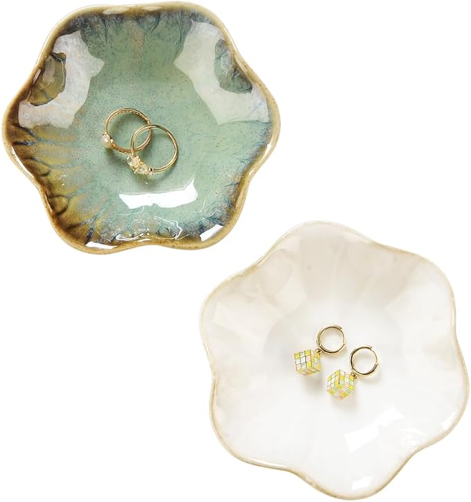 2PCS Lotus Leaf Shape Ring Holder Dish, Small Key Bowl, Ceramic Trinket Tray Jewelry Dish Organizing Necklace Earrings for Mom Friend Sister, All Jewelries Are NOT Included.White+Crystal Green.