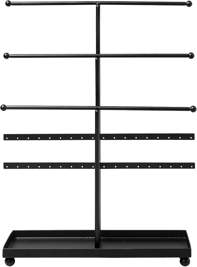 MyGift Modern 3-Tier Metal Jewelry Organizer Stand - Matte Black Jewelry Storage Display with Ring Tray, 18 Earring Hooks & 5 T-Bars for Necklaces, Bracelets, Earrings - Home/Boutique Use