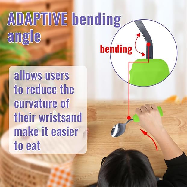 Adaptive Utensils Angled Spoon and Fork for Hand Tremors Parkinsons,Weighted Utensils with Non-Slip Easy Grip Handles for Independent Eating (1pcs Spoon+1pcs Fork=2 pcs,Green,Right Hand)