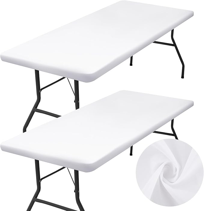 homing 2 Pack Rectangle Table Cloth, Elastic Fitted Fabric Tablecloth Fits for 4 Foot Folding Tables, Washable Table Cover for Picnic, Camping, Indoor & Outdoor (White, 30" x 48")