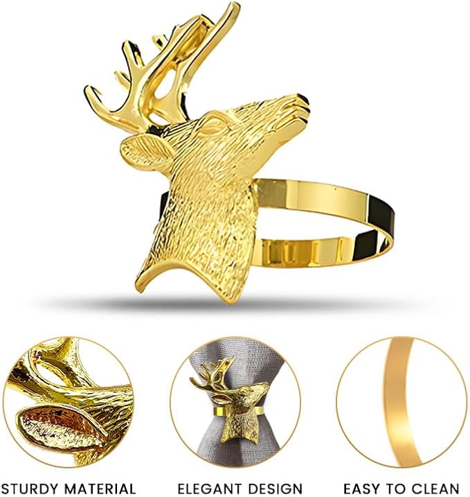 Decozen Set of 16 Gold Napkin Rings in Stag Design, Festive, Table Decor Setting for Holiday, Wedding, Birthday, Kitchen, Home Decor, Housewarming Gift - Thanksgiving & Christmas Gift Decoration