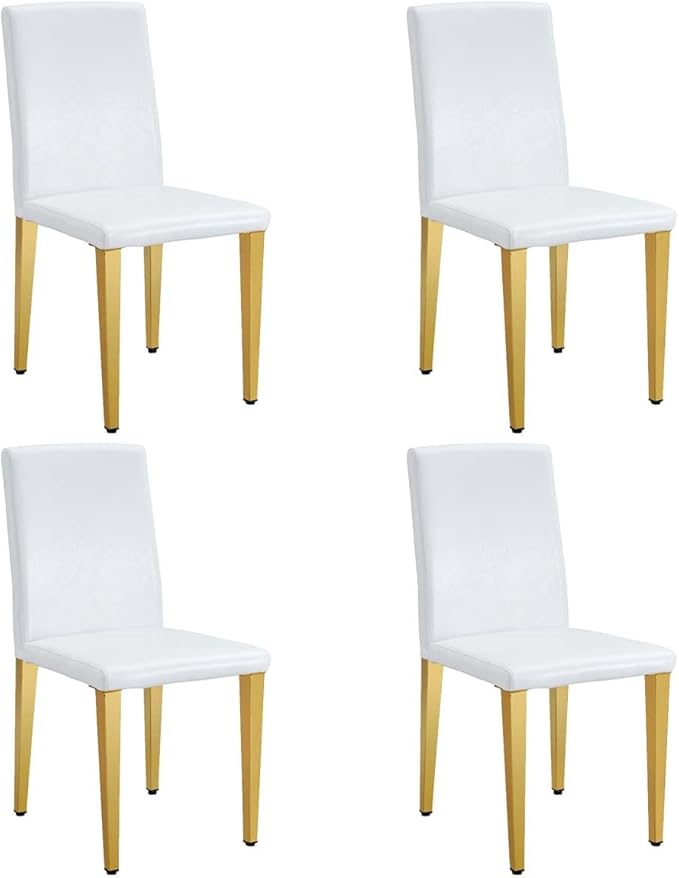 White Dining Chairs Set of 4,Faux Leather with Gold Metal Legs,Armless Kitchen Room Chairs Set of 4,Max Load 300 Lbs,High Back Modern Design for Home Kitchen Living Room Bedroom