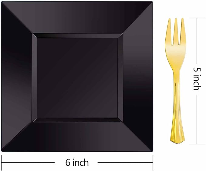 supernal 200pcs Black Dessert Plates with 100pcs Gold Dessert Forks,100pcsElegant Appetizer Salad Plastic Plates,Black Square Cake Plates for Party,Birthday, Wedding,Afternoon Tea