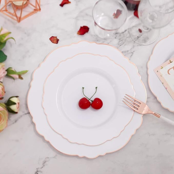 WDF 60pcs Rose Gold Plastic Plates-Baroque White &Rose Gold Disposable Plates including 30Plastic Dinner Plates 10.25inch, 30 Salad Plates 7.5inch for Wedding, Parties, Valentines Day