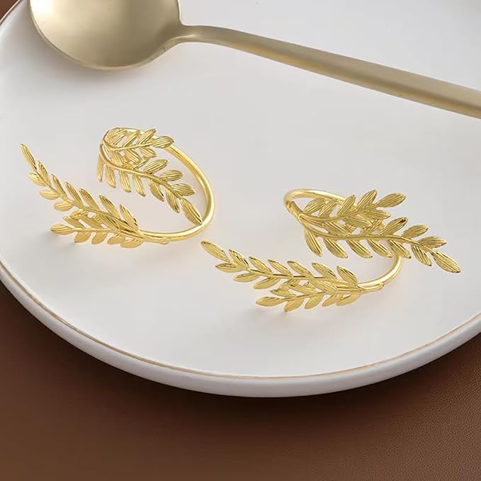 14K Gold Napkin Rings Set of 12, Metal Gold Leaf Napkins Rings Holder Buckles - Image 3