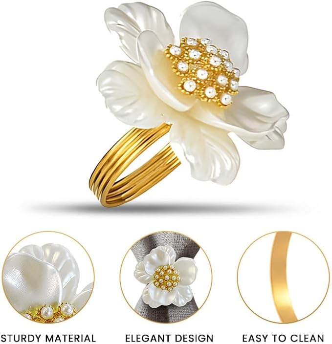 Decozen Set of 4 White Gold Napkin Rings in Floral Design, Festive, Table Decor Setting for Holiday, Wedding, Birthday, Kitchen, Home Decor, Housewarming Gift - Mothers Day Decorations