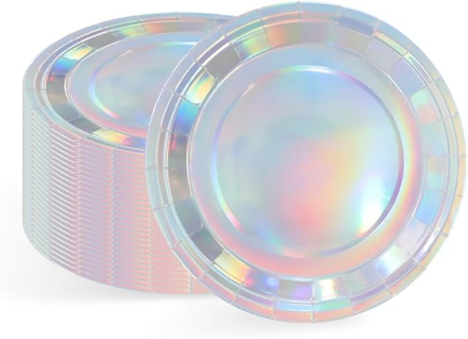Iridescent Party Supplies, Holographic Paper Plates and Napkins Set, Rainbow Disposable Paper Plates Cups Knives Spoons Fork Straw for Birthday Wedding Party Serve 25 (Iridescent)
