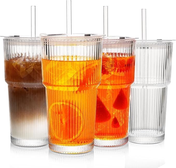 Glass Cups with Lids and Straws, 20oz Ribbed Glass Tumbler by MINGHYZYA