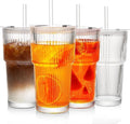 Glass Cups with Lids and Straws, 20oz Ribbed Glass Tumbler by MINGHYZYA