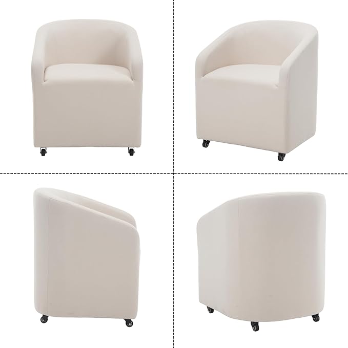 Modern Barrel Dining Chairs with Rolling Casters Set of 4, Upholstered Linen Swivel Dining Room Chairs with Wheels for Kitchen Living Room Home Office, Beige