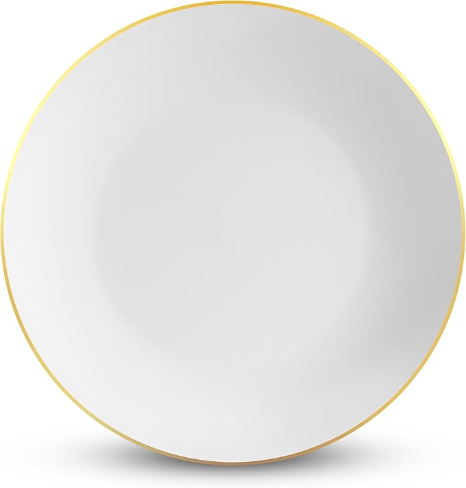 Munfix 100 Gold Plastic Plates Set, 10.25 Inch Disposable Dinner Plates, Elegant Fancy Heavy Duty for Party, Wedding, White with Gold Rim