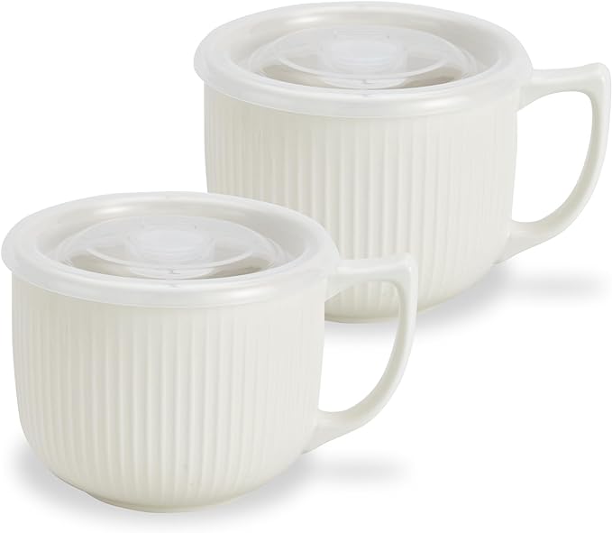 Ceramic Soup Bowl with Handle & Lid, 32oz Microwave Ramen Bowl Set of 2 | White by Hoilse