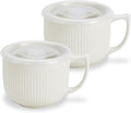 Ceramic Soup Bowl with Handle & Lid, 32oz Microwave Ramen Bowl Set of 2 | White by Hoilse