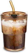 13oz Glass Tumbler with Straw and Leak-Proof Lid, Reusable Iced Coffee Cup by MINGHYZYA