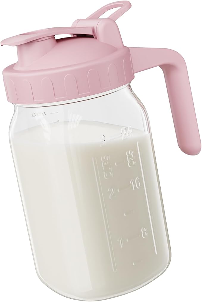 Breast Milk Pitcher, 32 oz Wide Mouth Glass Mason Jar | Dual Leak-Proof Lid by Junvpic