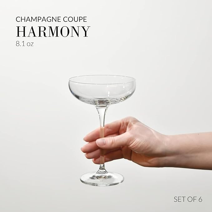 Krosno Champagne Coupes & Glasses | Set of 6 | 8.1 oz | Harmony Collection | Perfect for Home, Restaurants and Parties | Prosecco Glass | Dishwasher Safe | Lead-Free Crystal Glass