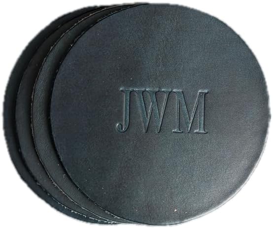 Ox & Pine Personalized Leather Coaster - Sold Individually or in Sets of 4 - Customize Inscription - 100% Full-Grain Leather – 4" Round or 4" Square (Round, Deep Ocean, Set of 4 Coasters)