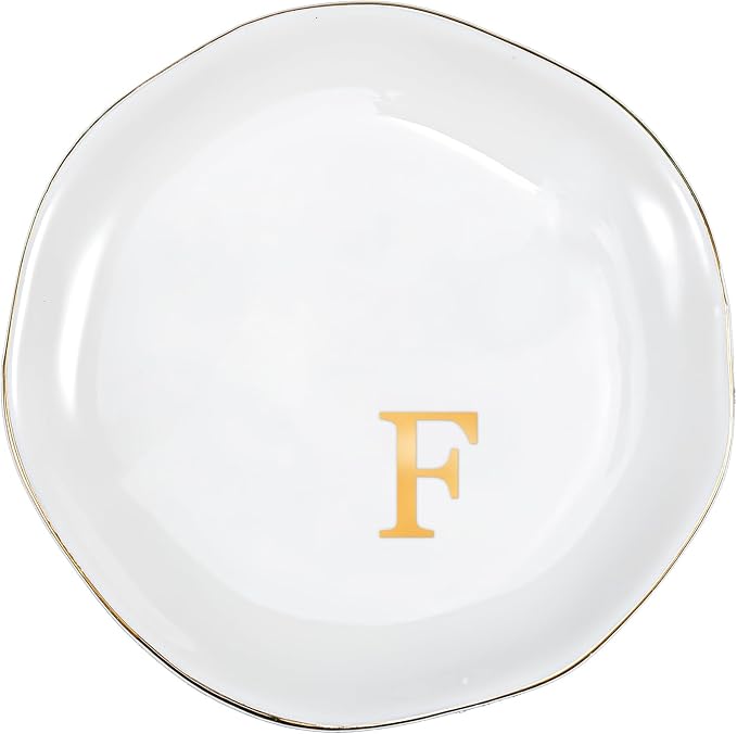 ProCase Ceramic Jewelry Tray, Initial Ring Dish Trinket Plate Engagement Gift, Small Personalized Monogram Ring Bowl for Wedding, White Decorative Jewelry Holder for Women Vanity -Letter F