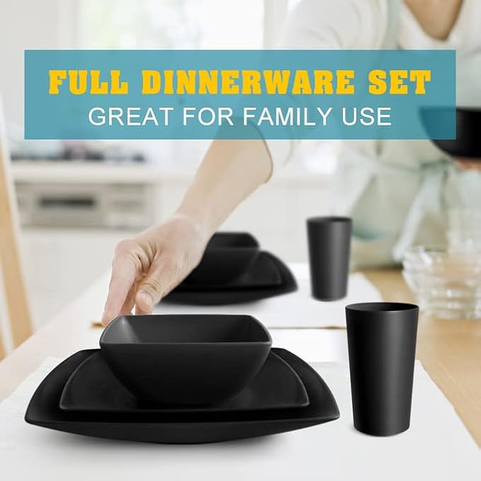 Teivio 16-piece Plastic Wheat Straw Square Dinnerware Set - Image 6