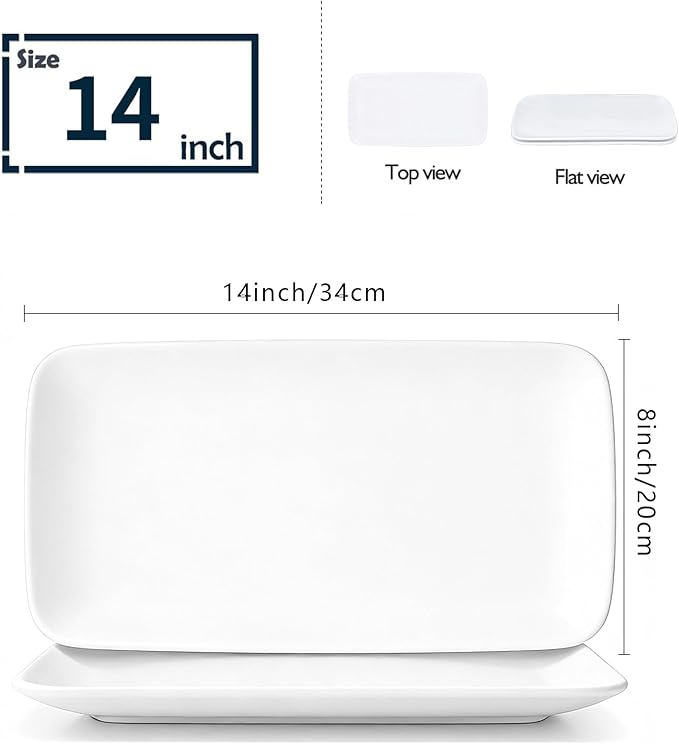 White Serving Platters Set of 2 – 14 Inch Rectangular Serving Platters, Large Porcelain Serving Platters for Party, Appetizers, Sushi, Steak & Dessert