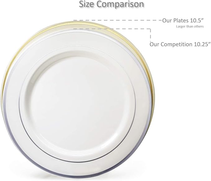 OCCASIONS 120 Plates Pack,(60 Guests) Heavyweight Premium Wedding Party Disposable Plastic Plates Set -60 x 10.5'' Dinner + 60 x 7.5'' Salad/Dessert (Celebration White & Gold)