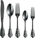 Black Silverware Set for 6 Premium 18/10 Stainless Steel Flatware Set Palace Style 30 Piece Cutlery Tableware Utensils Embossed Decorative Handle Knives Forks and Spoons for Home Christmas Wedding