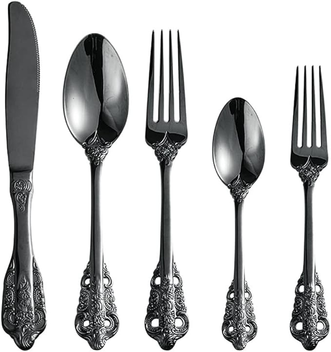 Black Silverware Set for 6 Premium 18/10 Stainless Steel Flatware Set Palace Style 30 Piece Cutlery Tableware Utensils Embossed Decorative Handle Knives Forks and Spoons for Home Christmas Wedding