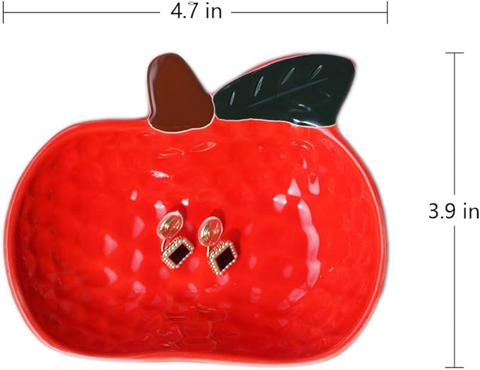 Ceramic Jewelry Tray, Apple Shaped Trinket Dish, Jewelry Organizer, Ring Holder, Decorative Bowl for Rings Earrings Necklaces Bracelet Jewelry Watch Keys, Gift for Sisters Daughter (Apple)