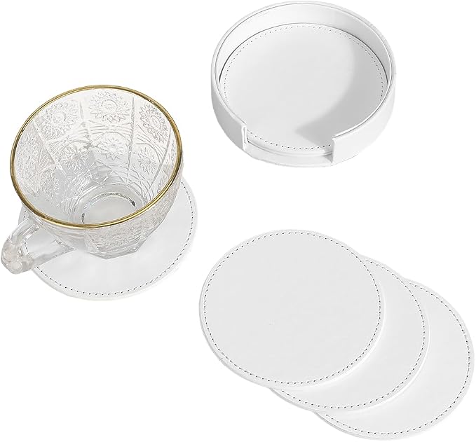 6PCS White PU Leather Cup Holders 4 Inch Leather Round Drink Coasters Spill - Image 7