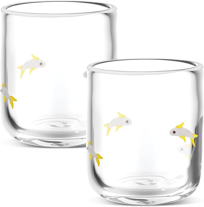Icon Juice Glasses, 14oz Stemless Wine Drinking Juice Glass Cup for Valentine Party Supplies Gift(2 Pcs,Gray Fish)
