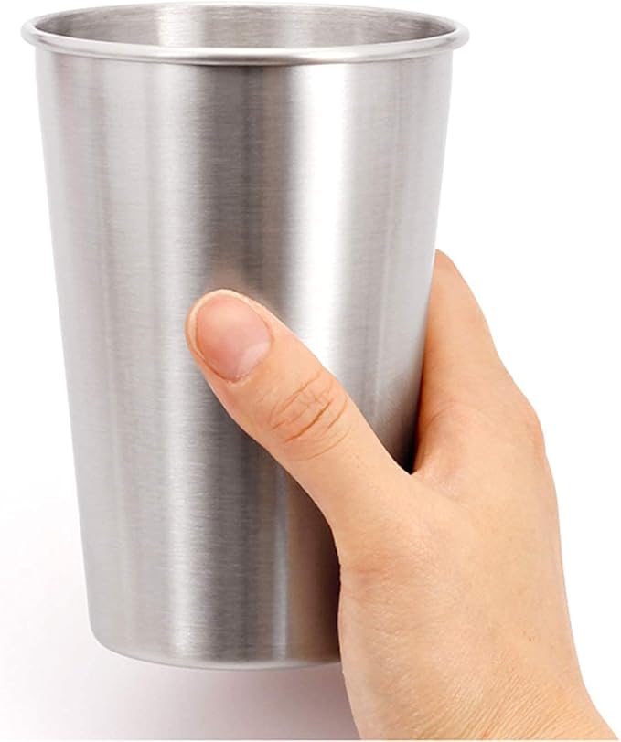 Tosnail 6 Pack 16 oz Stainless Steel Pint Cups Metal Cups Unbreakable Drinking Glasses Water Tumblers for Kids, Adults Indoor and Outdoor Use - Silver