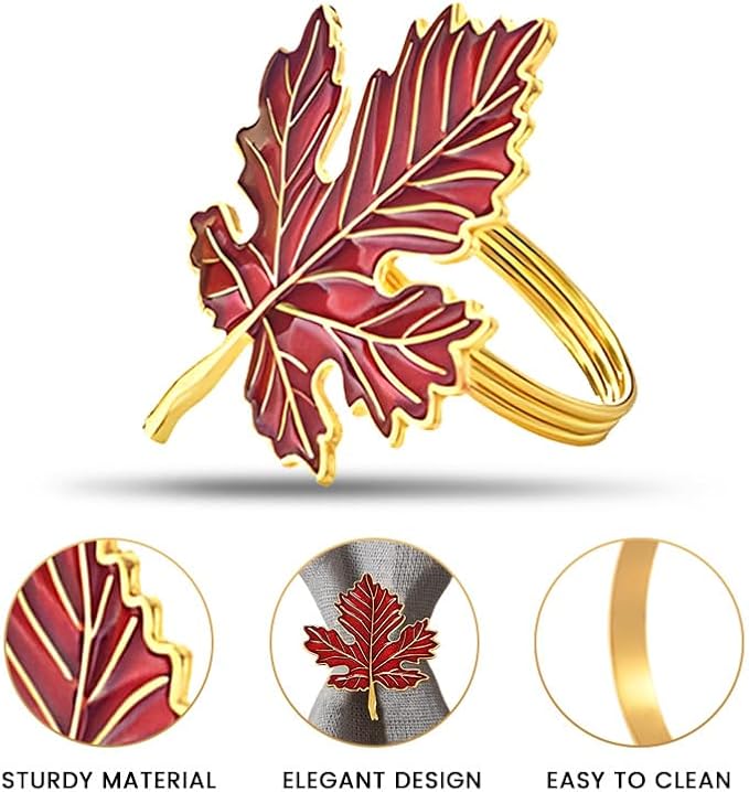 Decozen Set of 4 Red Gold Napkin Rings in Maple Design, Festive, Table Decor Setting for Holiday, Wedding, Birthday, Kitchen, Home Decor, Housewarming Gift - Thanksgiving Decoration