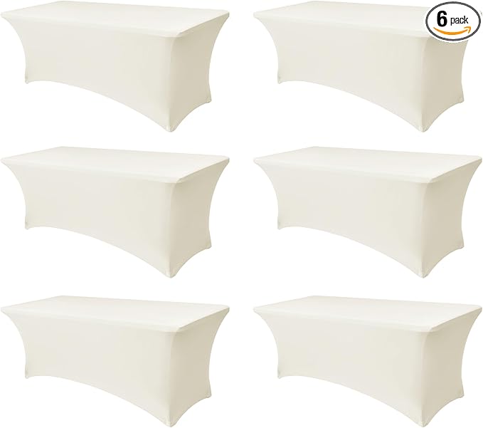 Spandex Table Cloths for 6 Foot Rectangle Tables-6 Pack Fitted Stretch Cream Table Covers-Elastic Folding Tablecloths for Party, Vendor Booth Display, Banquet Buffet Event, Craft Trade Show