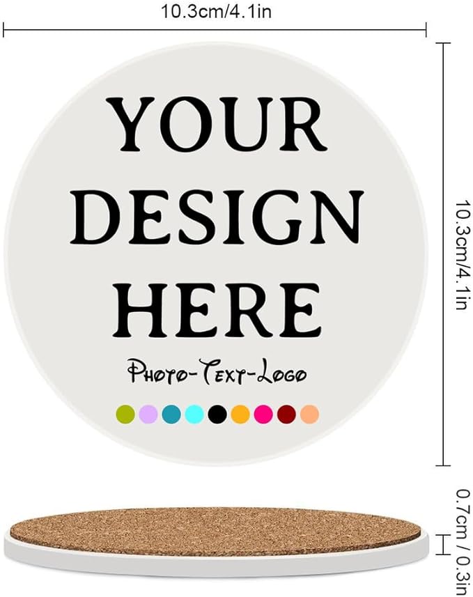Set of 6 Custom Ceramic Coaster Personalized Coasters for Drink Add Your Text Logo Image Photo, Customized Decor Gifts Coaster for Crafts, Wedding, Bar, Home, Office, Kitchen, Restaurant