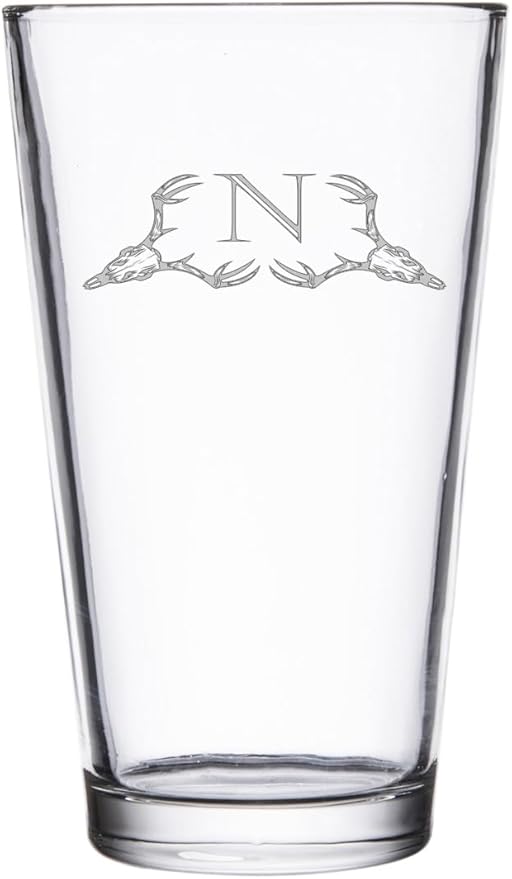 Hat Shark Deer Skull Letter Monogram Pint Beer Glass, 16 oz, Clear, A-Z Initials (1, Letter N)