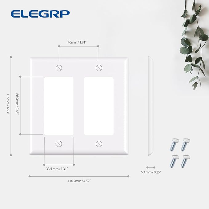 ELEGRP 2-Gang Decorative Wall Plates, Standard Size 4.53" H x 4.57" L Unbreakable Thermoplastic Faceplate Cover for Decorator Receptacle Outlet Switch, UL Listed (10 Pack, Glossy White)